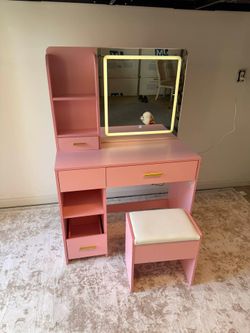 Pink Vanity Set with Lighted Mirror and Stool