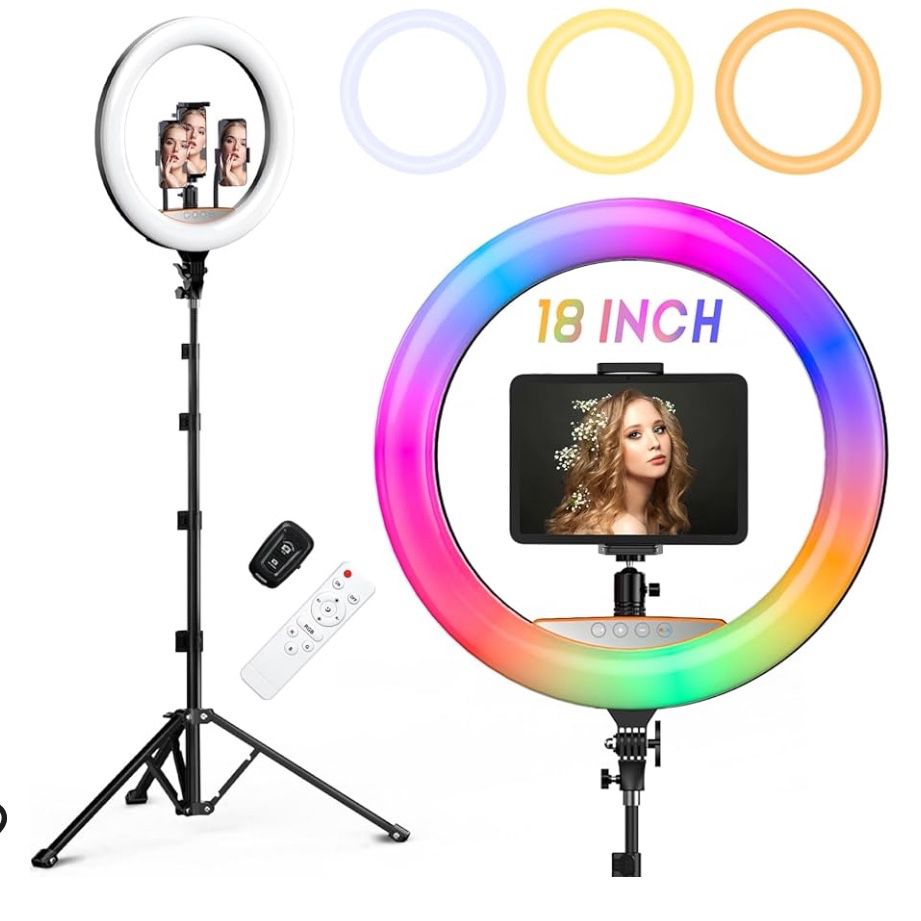 RGB Ring Light 18 inch with Tripod Stand (2700-7000K) for Phone Camera iPad Selfie Live Stream YouTube TikTok Video Shooting Best Lighting Atmosphere 