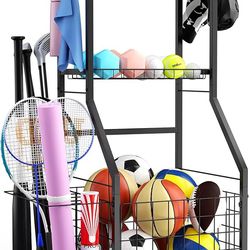 Sports Equipment Garage Organizer,Garage Ball Storage Rack for Sports with Wheels-Upgraded 3 Layers Sports Organizer Rack Outdoor Basketball Racks for