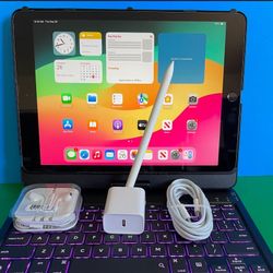 Apple IPad 9th Generation (10.2” Retina /Touch ID /IOS 18/ 2021 Model) 64GB with Pen, Keyboard  & Accessories 