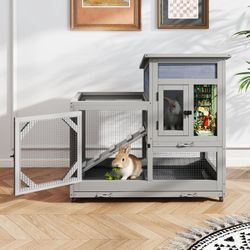 Rabbit Hutch, Grey COZIWOW Wooden Bunny House on Wheels 2-Tier Indoor Bunny Cage Cleaning Trays and Run Gray, NEW