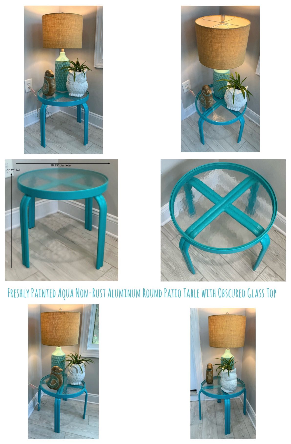 Freshly Painted Aqua Non-Rust Aluminum Round Patio Table with Obscured Glass Top