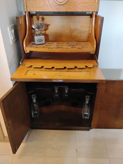 antique oak pop-up cocktail bar cabinet
