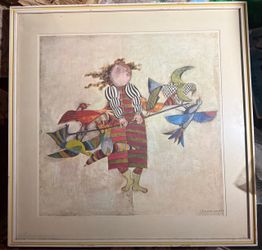 Vintage 1977 Graciela Rodo Boulanger "The Bird Vendor" Framed MCM Poster