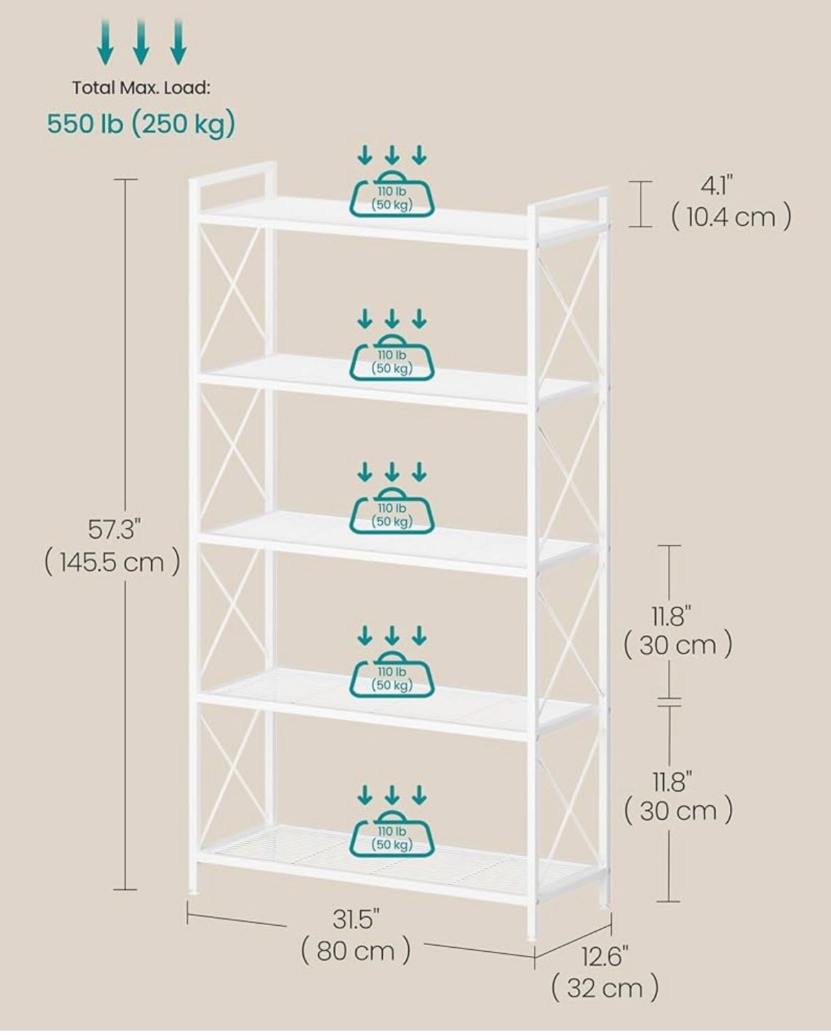 SONGMICS 5-Tier Metal Storage Rack Shelving Unit with X Side Frames Industrial Style - Cloud White