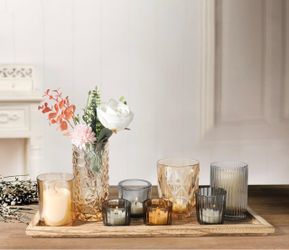 New Rustic Wooden Tray with 8 Brown Glass Votive Candle Holders Decorative Tea Light Holder Set
