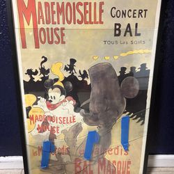 Vintage French Disney Mickey Mouse Painting With Cracked Frame