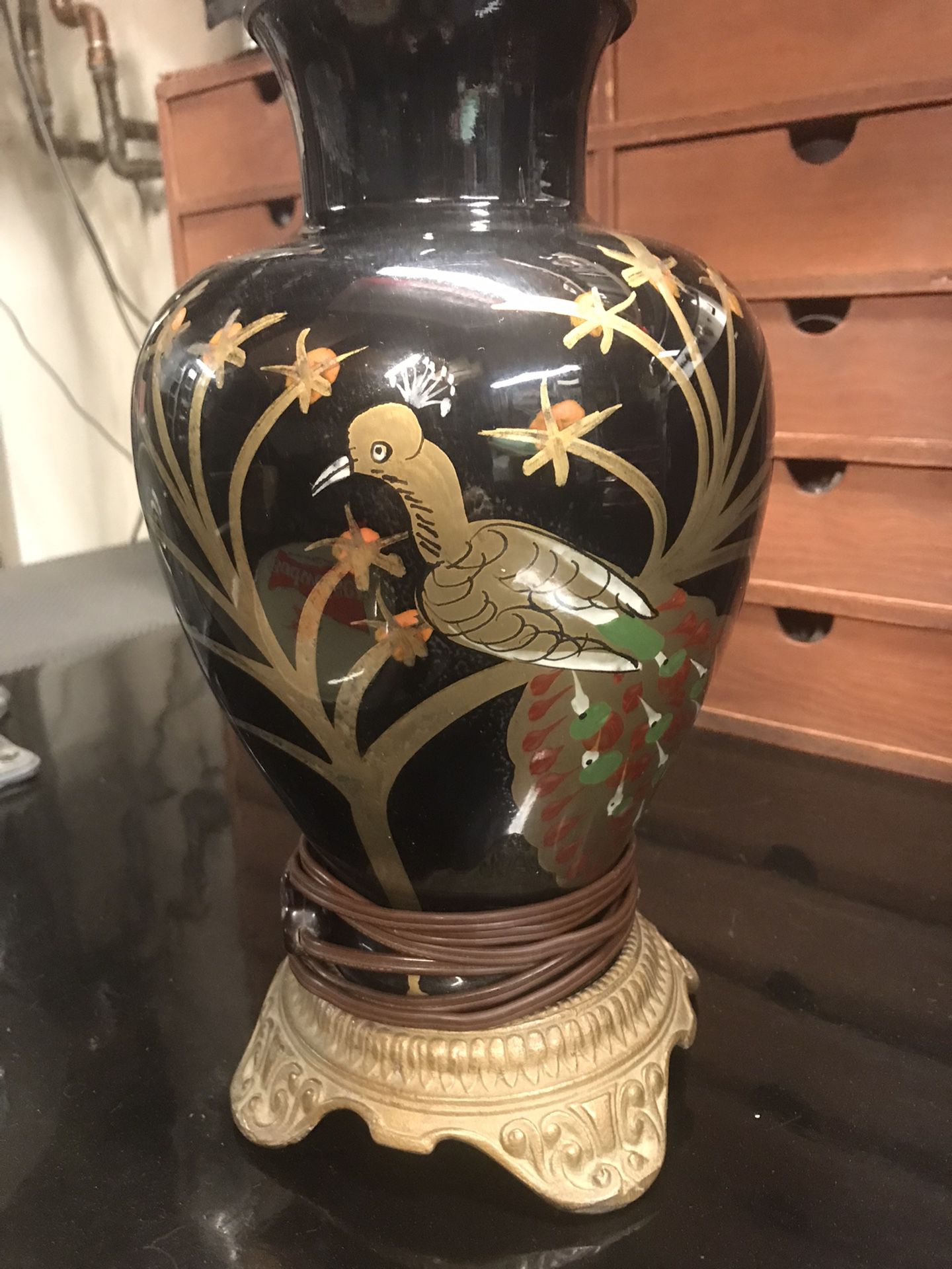 Vintage lamp maybe 20’s 30’s (reverse Peacock  painting On Glass ) very old works good