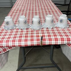 5" Vintage shades Ruffled Colonial blue floral Glass Ceiling Fan Lamp light. Set of 5. No chips but 2 of them have faded flowers see pics 