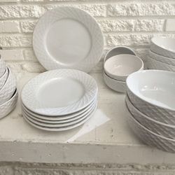 20 J.C. Penney home sets for 5 white salad plates, 1 serving dish and 7 soup bowls and 7 appetizers