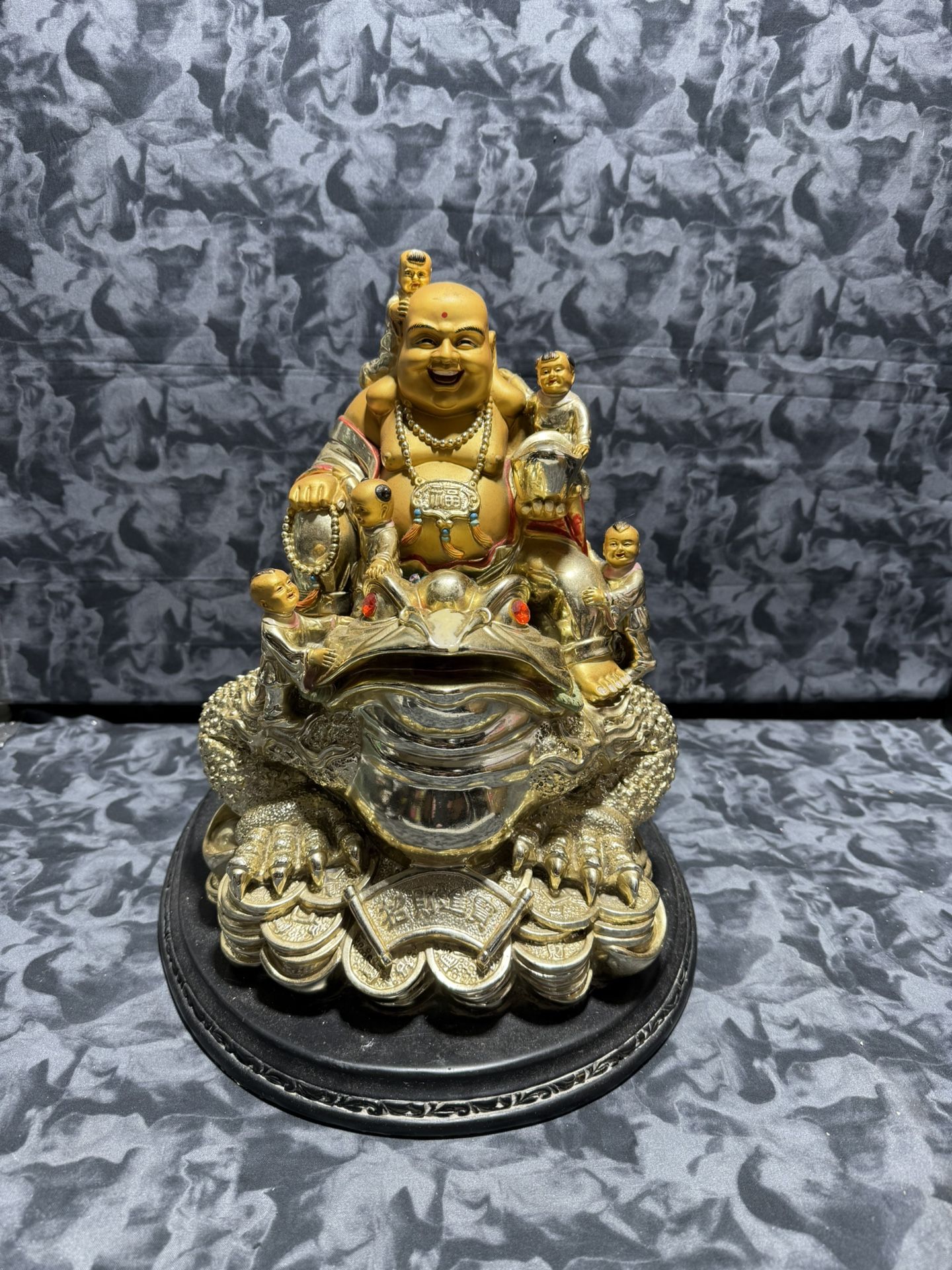 16 Inch Gold Buddha, 14 Pound Statue With  Babies sitting  On Top Of A Frog 16x16x12 