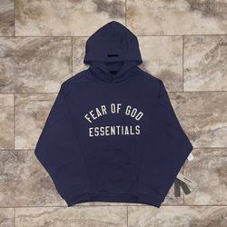 Fear of God Essentials Fleece Hoodie Marine (With Pockets) Size Medium