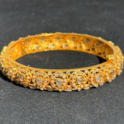Art-Deco Antique Jewelry 22k solid Yellow Gold natural uncut diamonds 10.00CTW pear polki bangle 8.00” 26.80 grams 10.60mm