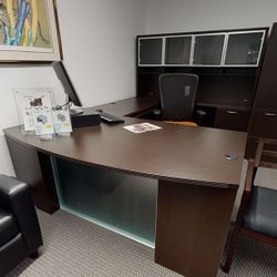 L Shaped Desk With Glass Modesty And Hutch Furniture 