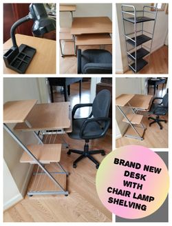 Brand new desk and chair lamp and Shelving