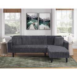 Brand New Dark Grey Jumbo Corduroy Upholstered Reversible Chaise L-Shape Sectional and USB Port