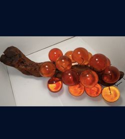 Vintage Mid Century Large Orange Lucite Grapes on Wood Vine