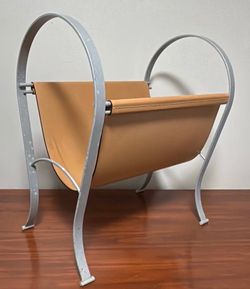 Mid Century Modern MCM Metal And Leather Magazine Rack Firewood Holder