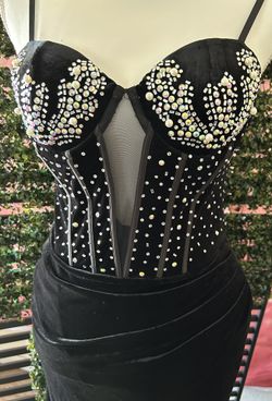 Black velvet Rhinestone Dress With High Slit- Medium