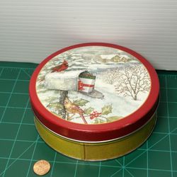 Vintage Christmas Tin Container with Cardinal and Mailbox Full of Gifts