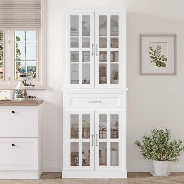 Modern Storage Cabinet with Glass Doors, 71'' Kitchen Pantry with Adjustable Shelves, Wood Bookcase, White