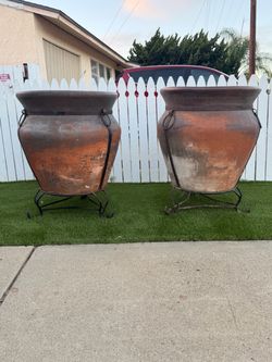 Pair of Large Terracotta Planters with Wrought Iron Stands