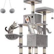 Feandrea Cat Tree, 168 cm Large Cat Tower Condo with 13 Scratching Posts, 2 Perches, 2 Caves, Basket, Hammock, Pompoms, Multi-Level Design, Light Gray