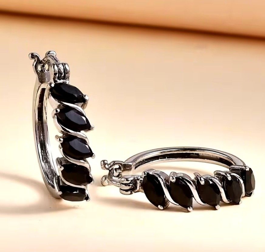 Thai Black Spinel Hoop Earrings