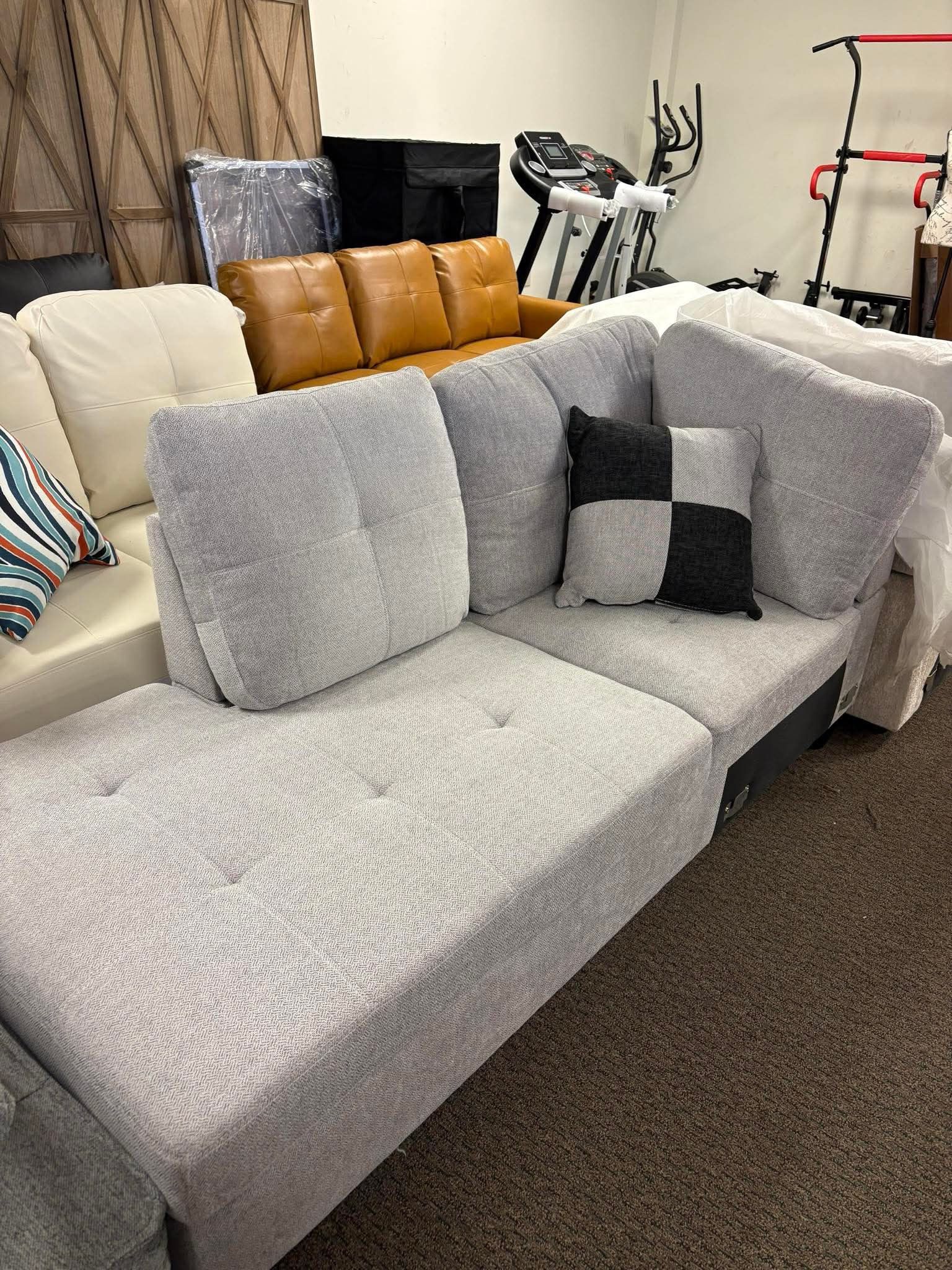 Gray small couch missing pieces 74’ lengths, width 32’ height 35’