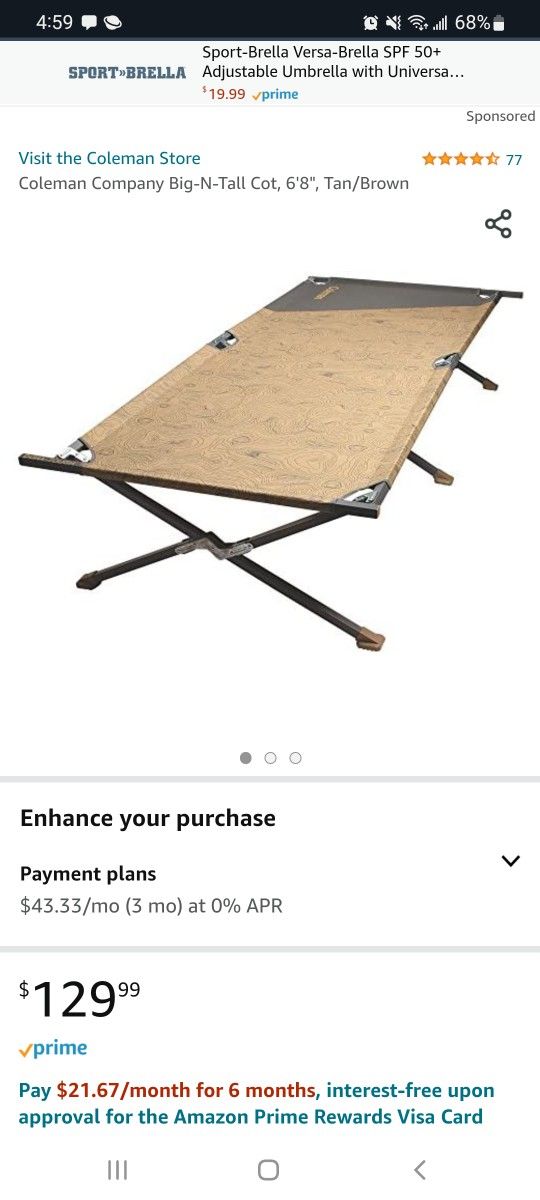 Coleman Company Big-N-Tall Cot, 6'8", Tan/Brown