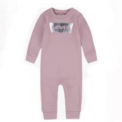 Levi’s Baby Infant Girl Knit Waffle Coverall Overalls, One Piece with Snap Closures, Blush Pink & Silver Logo, Size 18 Months, MSRP $35, NEW with Tags