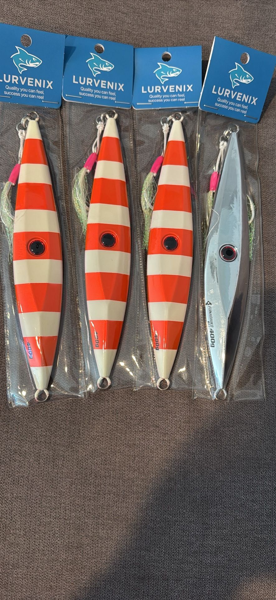400g Red White Stripe Metal Jig | Lurvenix | Slow Pitch Tuna Bomb | BKK Assist Hooks | Glow Finish