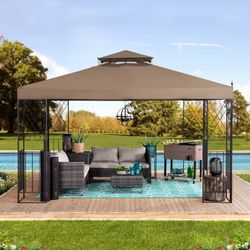 Parlay 10 ft. x 12 ft. Soft Top Gazebo with Khaki 2-Tier Canopy and Ceiling Hook