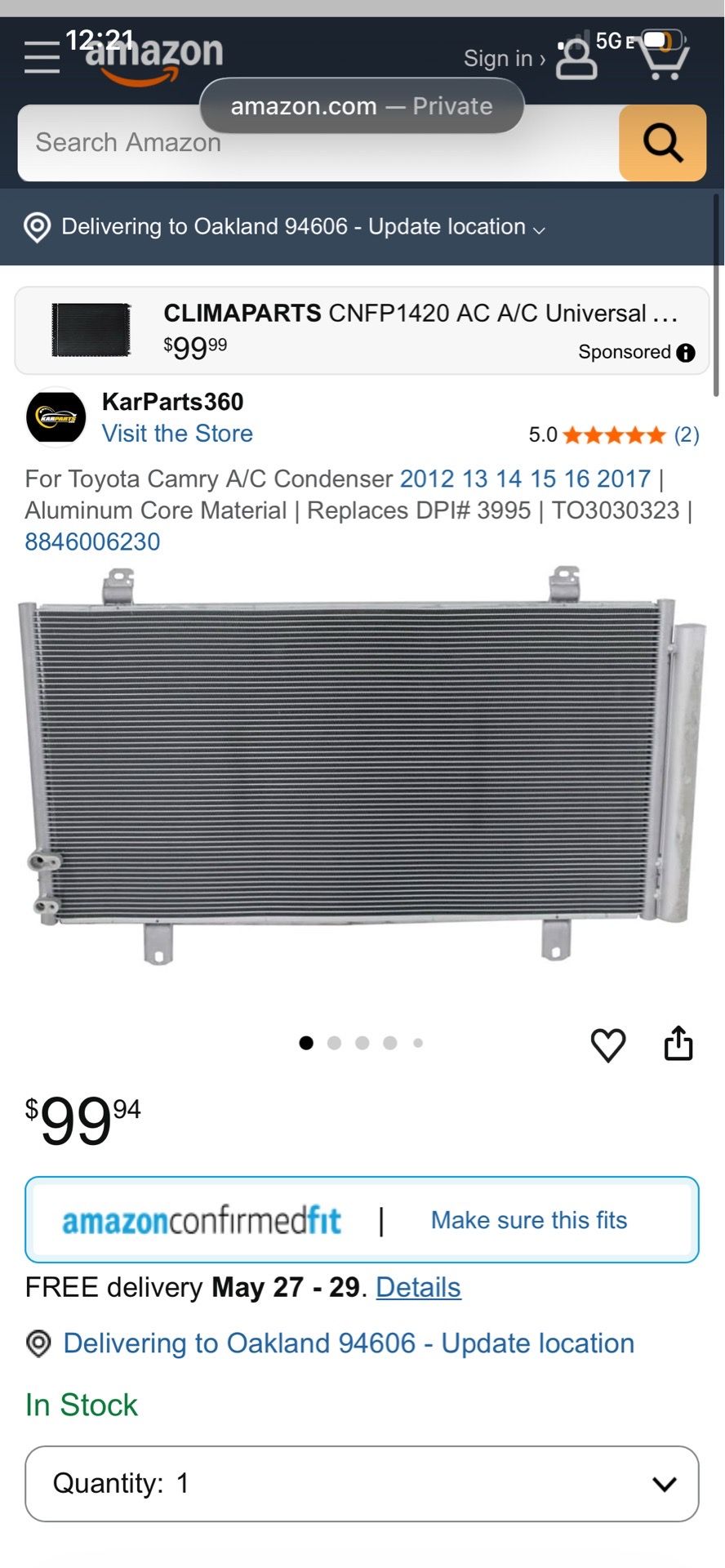 Toyota Camry A/C Condenser 2012 13 14 15 16 2017 | Aluminum Core Material | Replaces DPI# 3995 | TO(contact info removed) | (contact info removed)