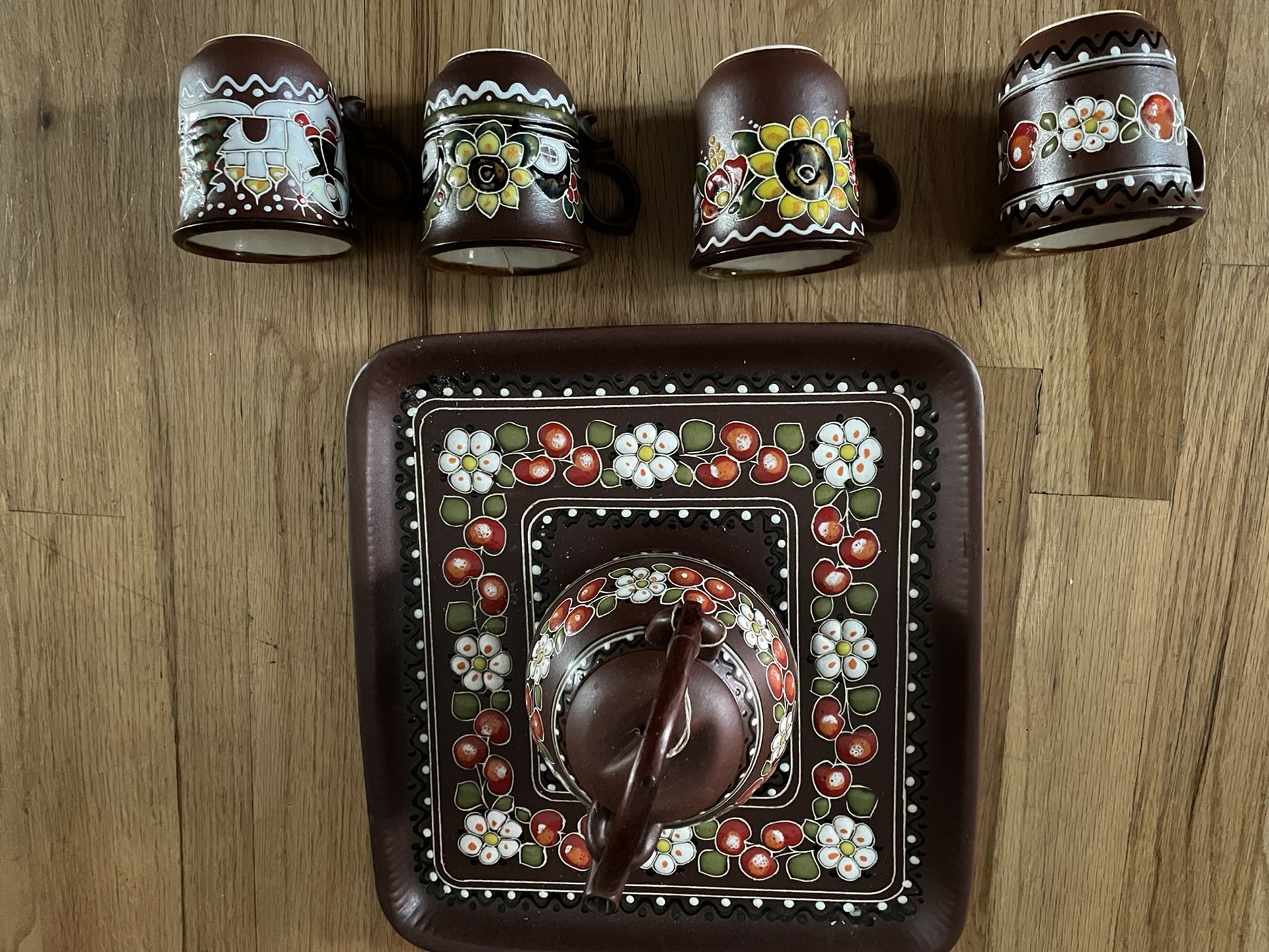 Ceramic Tea Set (plate, Small Tea Pot, 3 Cups, 1 Broken One)