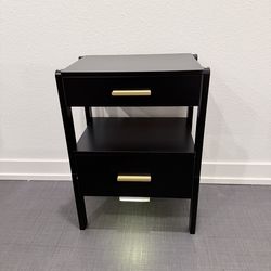 Nightstand with 2 Drawers and Open Shelf Wood Bedside Table Gold Handles Storage, With Light
