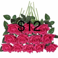 GREENTIME 12 Pack Fuchsia Fake Roses Artificial Flowers with Stems Silk Flower Bouquet for Home Table Centerpiece Wedding Bridal Decor Baby Shower Eng