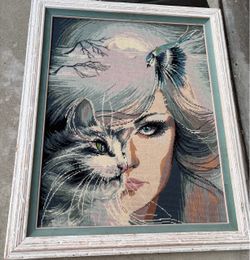 Large Vintage French Framed Needlepoint Tapestry Woman Cat Bird Wall Art Decor