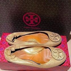 Tory Burch Designer Gold Leather Reva Flats Size 6.5