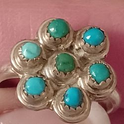 Vtg.Native Sterling Silver Turquoise Flower Ring- Sz6