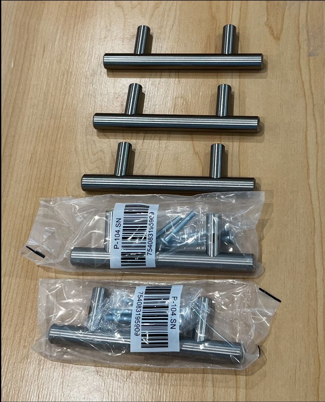 Cabinet Handles. Size 4-1/2”. New. Center To Center 2-1/2”. Heavy And Strong. Good Quality. Screws. Total 39 Pieces. Each $2