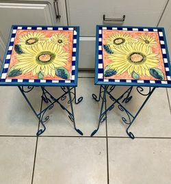 27” Vintage Tile Top Metal Plant Stands/Tables: 11.5”W x 10.5”D x 27”H-$15 each