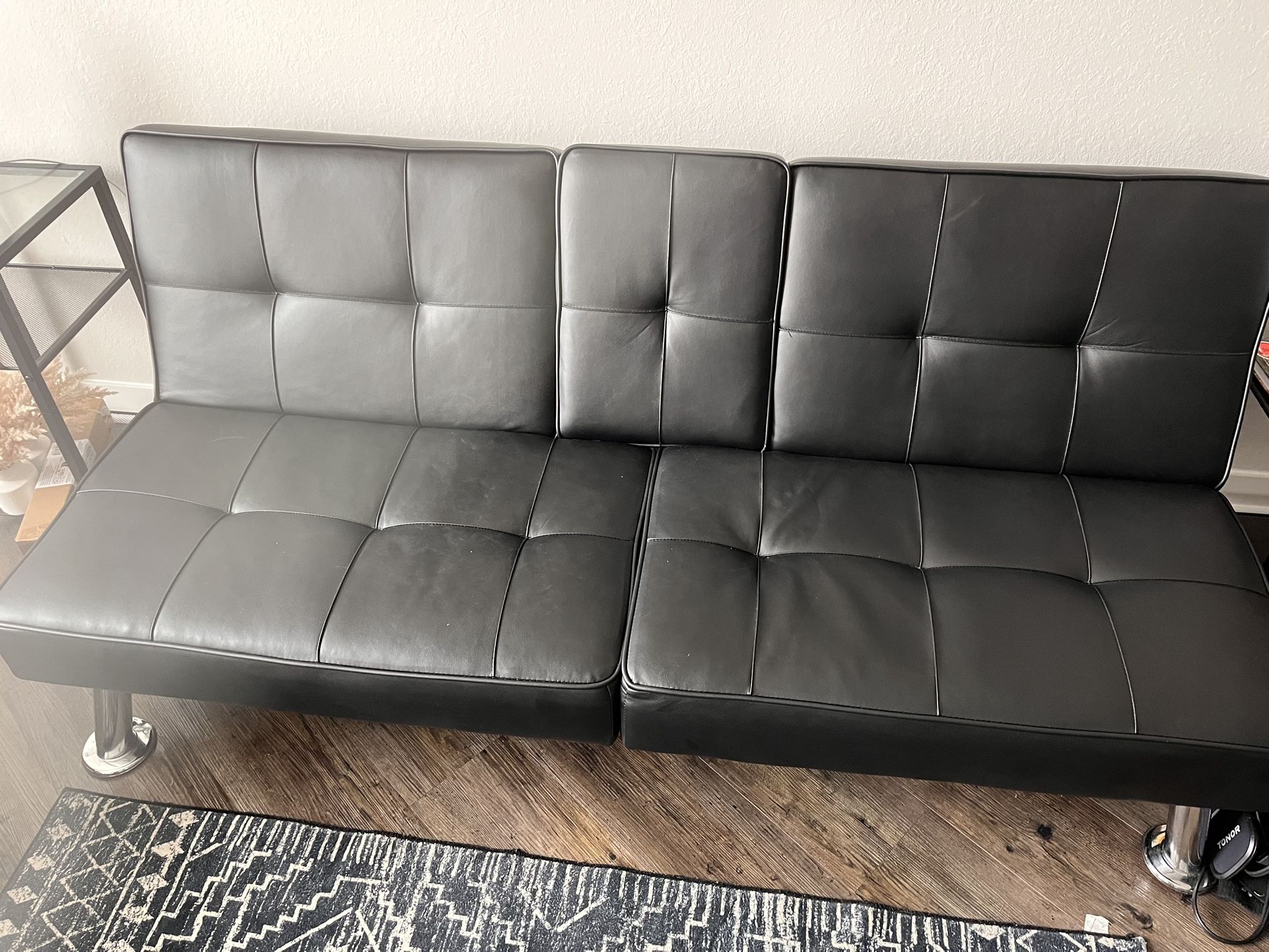 65 Inch Vegan Leather Futon W Cup Holder