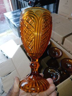 ** CAROUSEL AMBER GOBLET DRINKING GLASSES  ( SET OF 6 )