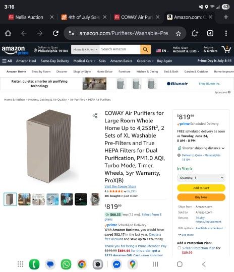 COWAY Air Purifiers for Large Room Whole Home Up to 4,253ft², 2 Sets of XL Washable Pre-Filters and True HEPA Filters for Dual Purification, PM1.0 AQI