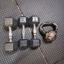 Rubber Dumbbells And Kettle 