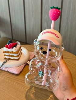 Starbucks Bear Glass Cup with Strawberry Straw