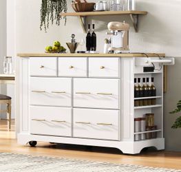 Assembled New Rolling Kitchen Island Cart w/ 6 Drawers Pull-Out Trash Can Storage Power Outlet