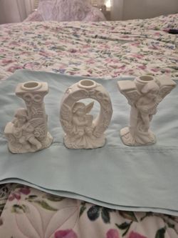 CERAMIC taper CANDLESTICK Holders Spell JOY WITH ANGELS