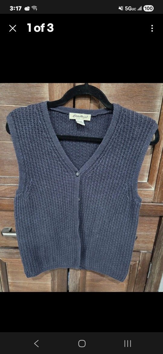 Eddie Bauer Women's Sweater Vest Blue/Grey Size Medium Button Up Cotton Blend